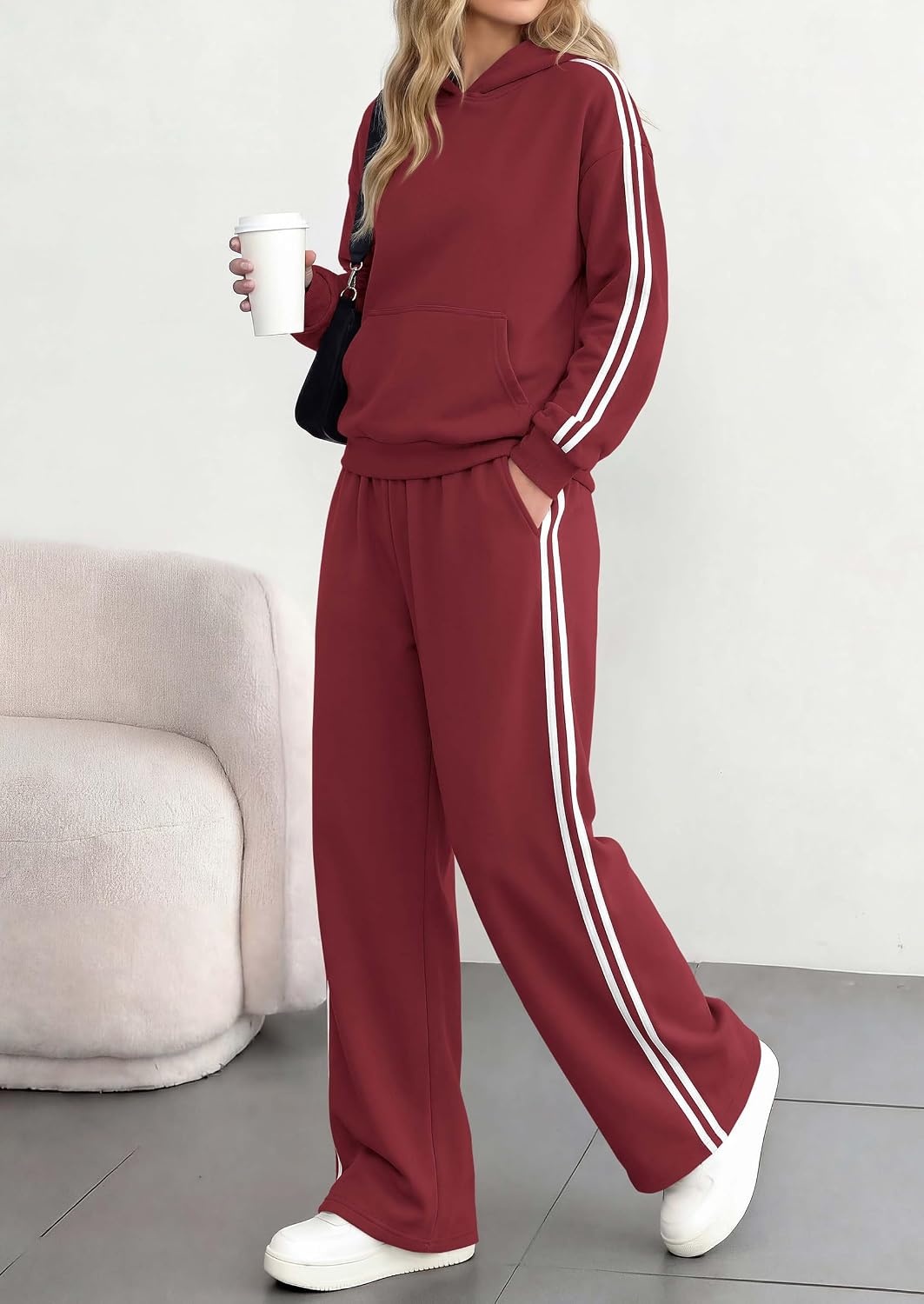 image:imagePRETTYGARDEN Womens Striped Sweatsuits 2 Piece Outfits Matching Lounge Sets Oversized Hoodie Sweat Set Kangaroo Pocket Wide Leg Sweatpants Retro Y2K Casual Tracksuits Travel Airport Workout ClothesWine Red