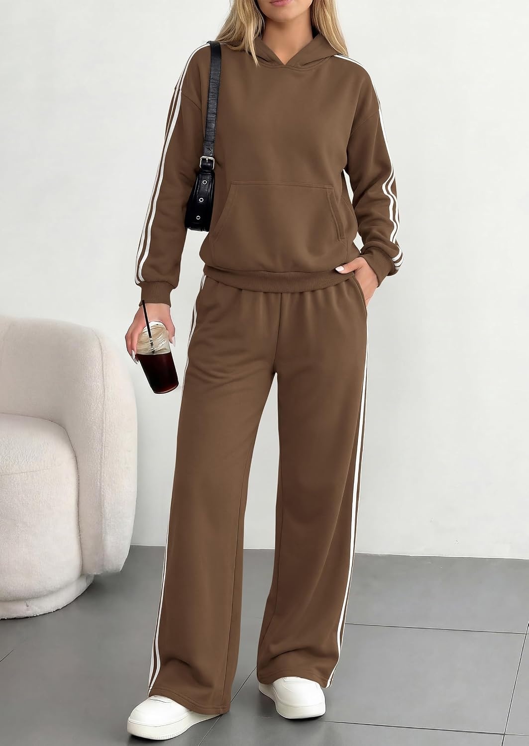 image:imagePRETTYGARDEN Womens Striped Sweatsuits 2 Piece Outfits Matching Lounge Sets Oversized Hoodie Sweat Set Kangaroo Pocket Wide Leg Sweatpants Retro Y2K Casual Tracksuits Travel Airport Workout ClothesBrown
