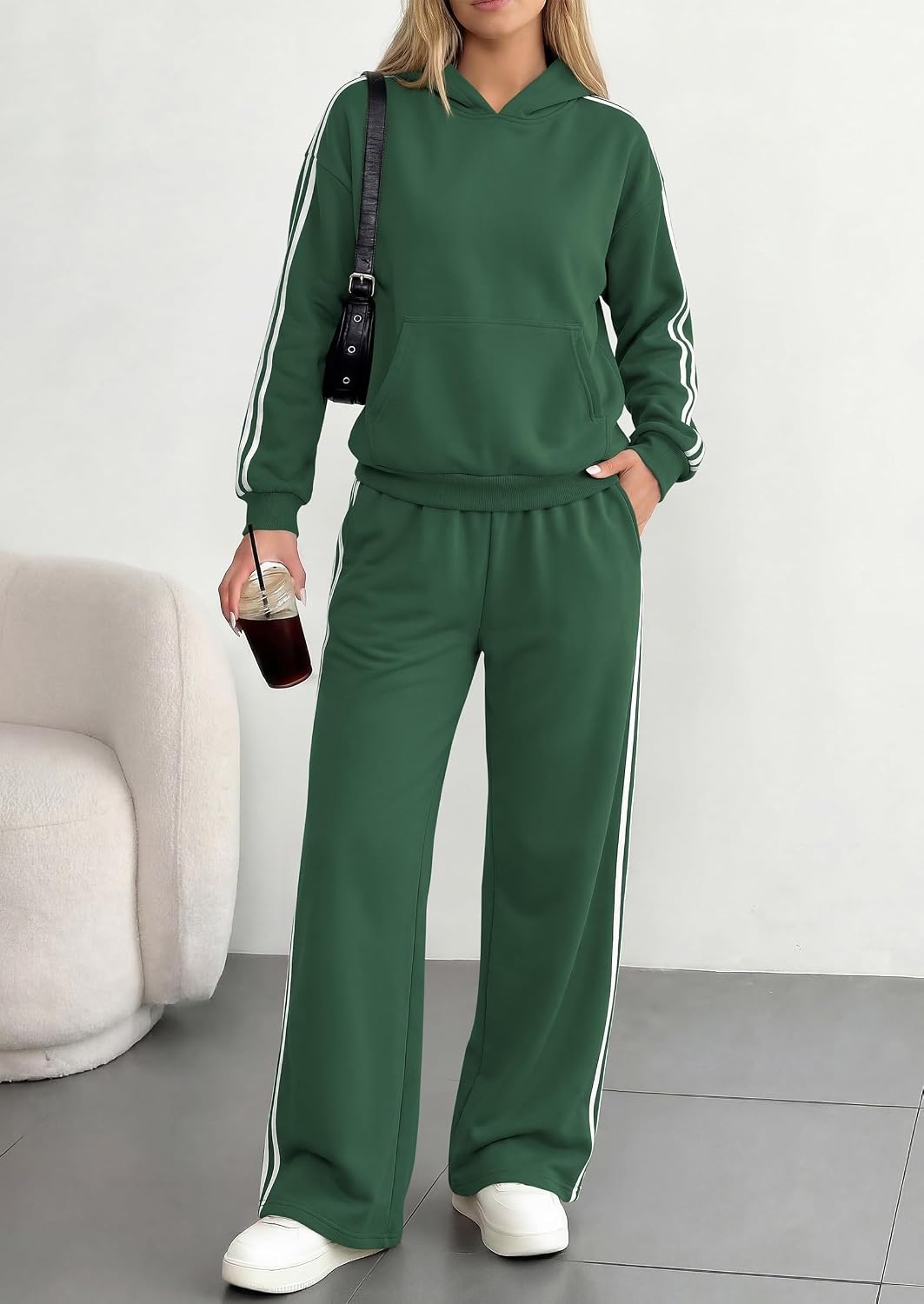 image:imagePRETTYGARDEN Womens Striped Sweatsuits 2 Piece Outfits Matching Lounge Sets Oversized Hoodie Sweat Set Kangaroo Pocket Wide Leg Sweatpants Retro Y2K Casual Tracksuits Travel Airport Workout ClothesGreen