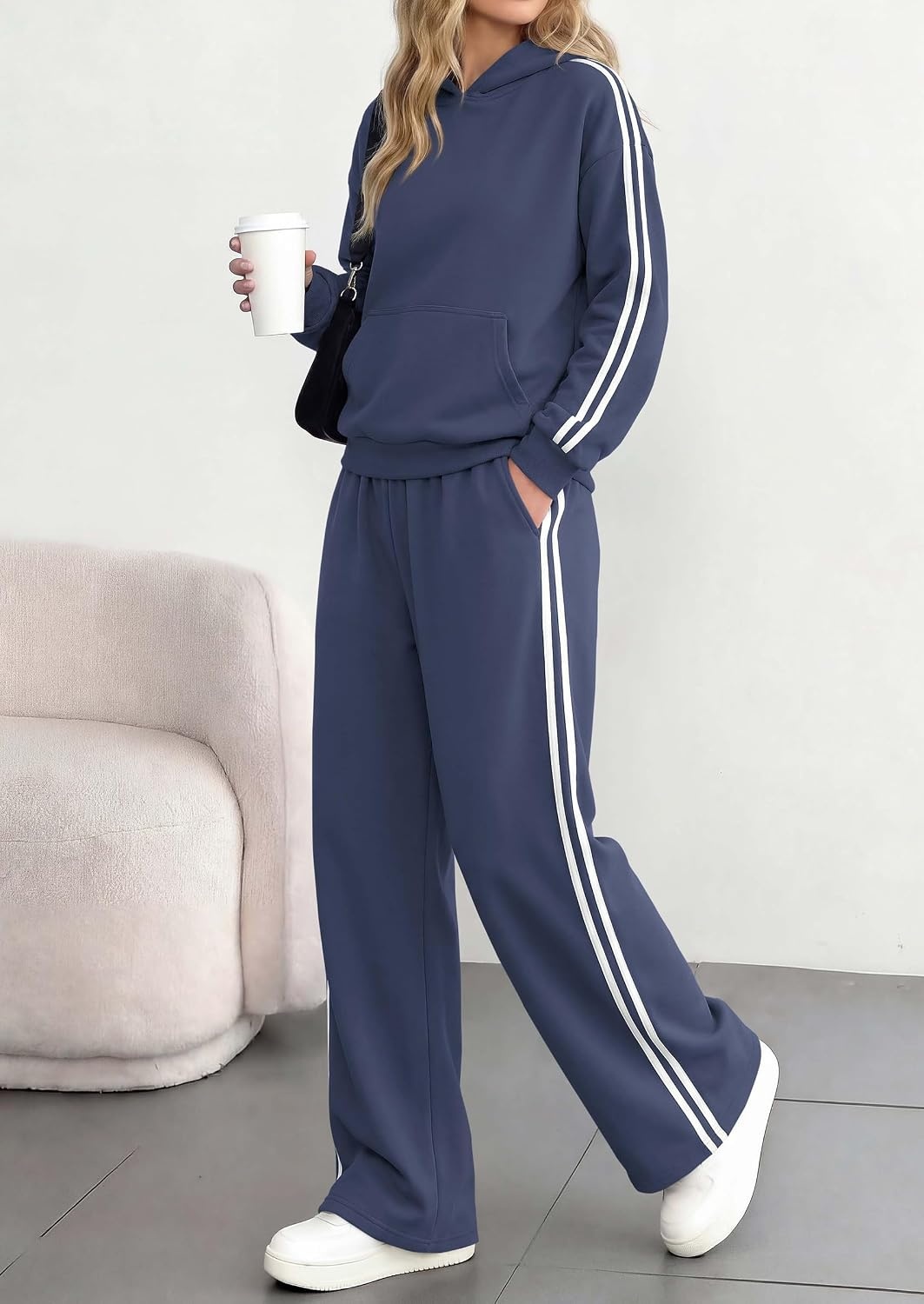 image:imagePRETTYGARDEN Womens Striped Sweatsuits 2 Piece Outfits Matching Lounge Sets Oversized Hoodie Sweat Set Kangaroo Pocket Wide Leg Sweatpants Retro Y2K Casual Tracksuits Travel Airport Workout ClothesNavy Blue