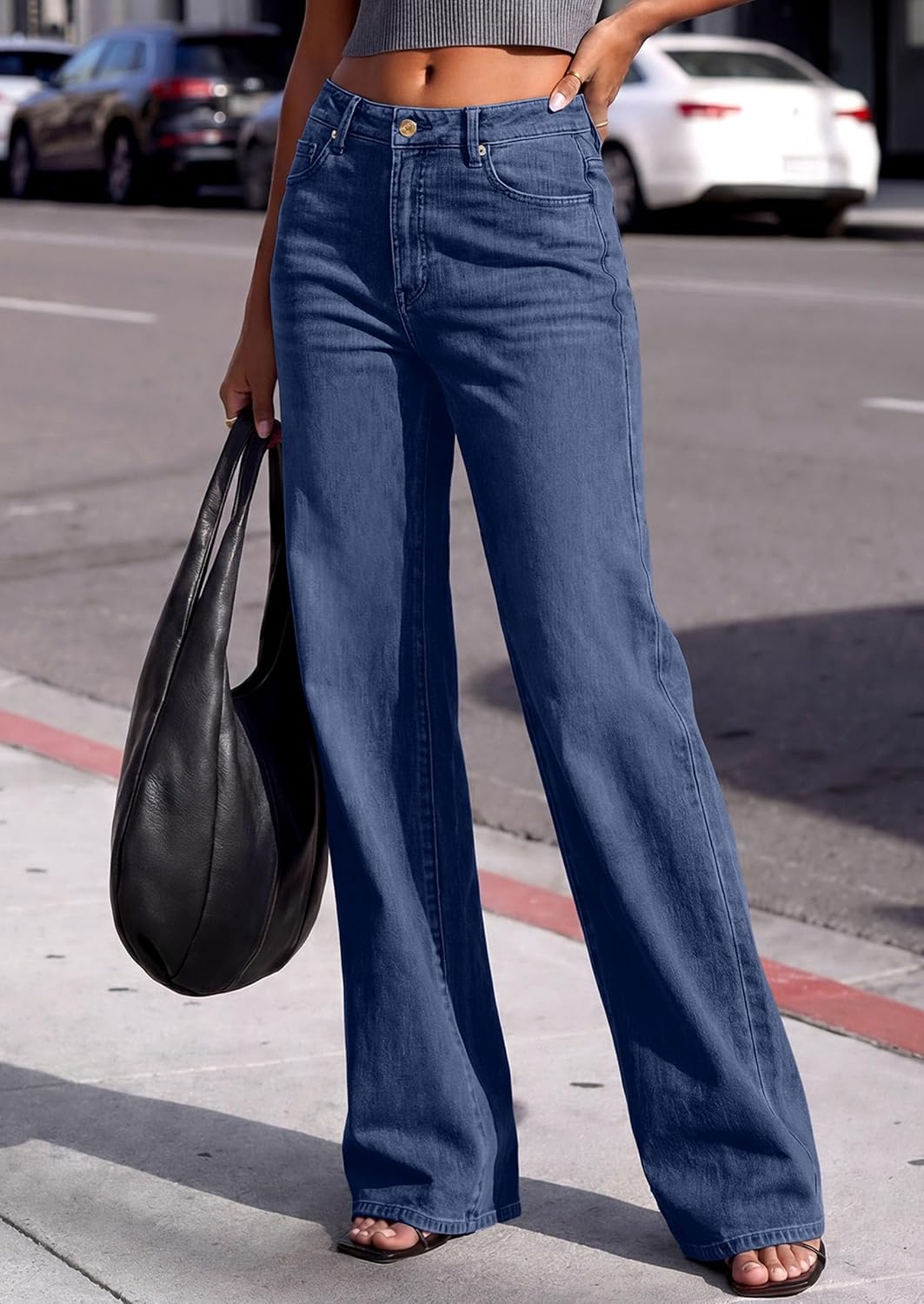 image:imagePRETTYGARDEN Womens Wide Leg Jeans High Waisted Denim Pants Stretchy Flare Jeans Comfy Soft Basic5Pocket Trendy Bottoms Casual Office Wear Going Out Outfits Fashion ClothingDeep Blue