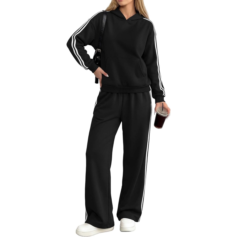 image:imagePRETTYGARDEN Womens Striped Sweatsuits 2 Piece Outfits Matching Lounge Sets Oversized Hoodie Sweat Set Kangaroo Pocket Wide Leg Sweatpants Retro Y2K Casual Tracksuits Travel Airport Workout ClothesBlack
