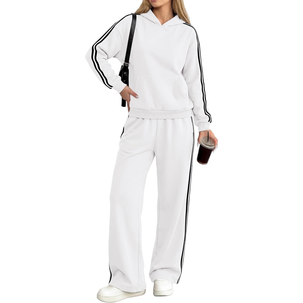 image:imagePRETTYGARDEN Womens Striped Sweatsuits 2 Piece Outfits Matching Lounge Sets Oversized Hoodie Sweat Set Kangaroo Pocket Wide Leg Sweatpants Retro Y2K Casual Tracksuits Travel Airport Workout ClothesWhite
