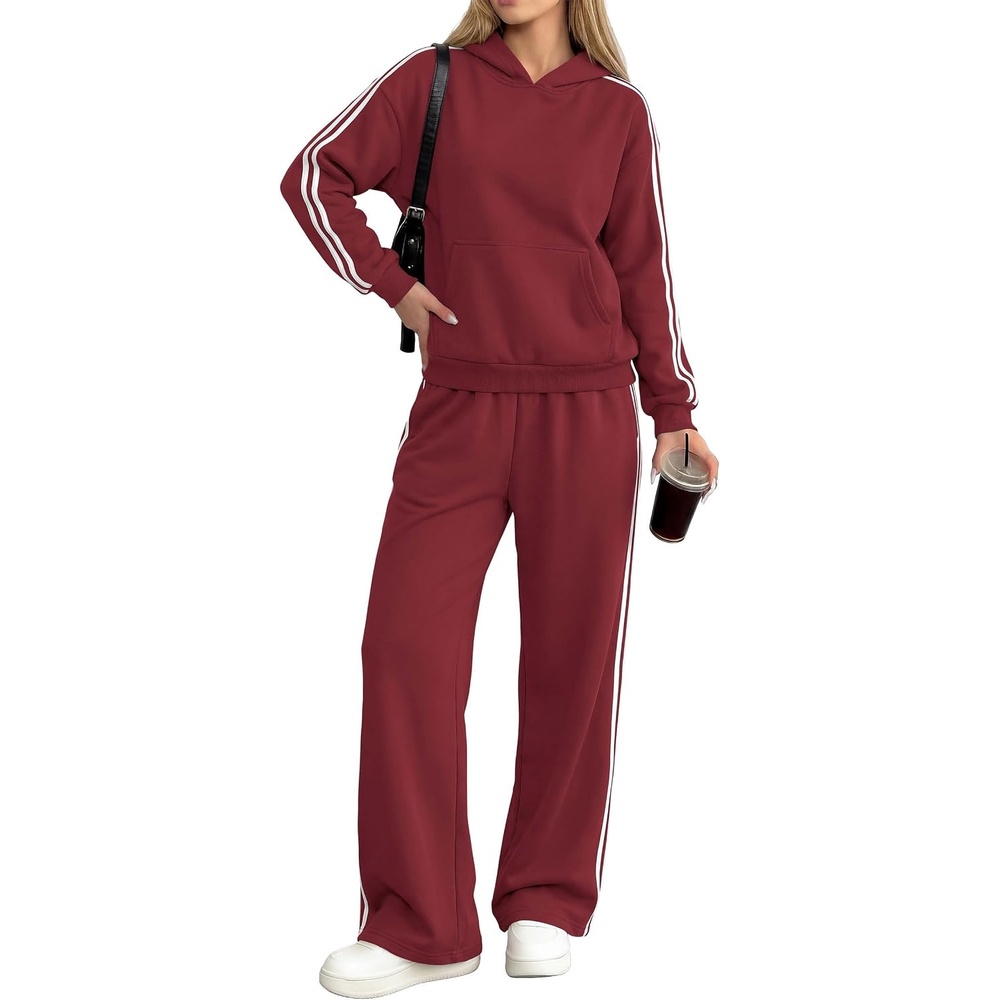 image:imagePRETTYGARDEN Womens Striped Sweatsuits 2 Piece Outfits Matching Lounge Sets Oversized Hoodie Sweat Set Kangaroo Pocket Wide Leg Sweatpants Retro Y2K Casual Tracksuits Travel Airport Workout ClothesWine Red