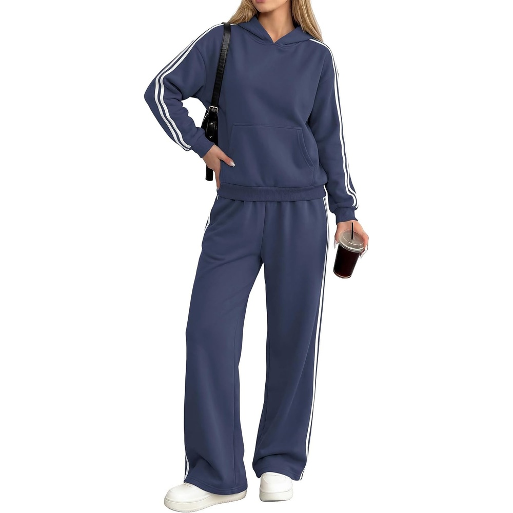 image:imagePRETTYGARDEN Womens Striped Sweatsuits 2 Piece Outfits Matching Lounge Sets Oversized Hoodie Sweat Set Kangaroo Pocket Wide Leg Sweatpants Retro Y2K Casual Tracksuits Travel Airport Workout ClothesNavy Blue