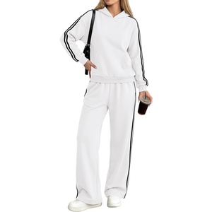 PRETTYGARDEN Womens Striped Sweatsuits 2 Piece Outfits Matching Lounge Sets | Oversized Hoodie Sweat Set, Kangaroo Pocket, Wide Leg Sweatpants, Retro Y2K Casual Tracksuits, Travel Airport Workout Clothes(White)