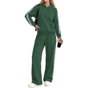 PRETTYGARDEN Womens Striped Sweatsuits 2 Piece Outfits Matching Lounge Sets | Oversized Hoodie Sweat Set, Kangaroo Pocket, Wide Leg Sweatpants, Retro Y2K Casual Tracksuits, Travel Airport Workout Clothes(Green)