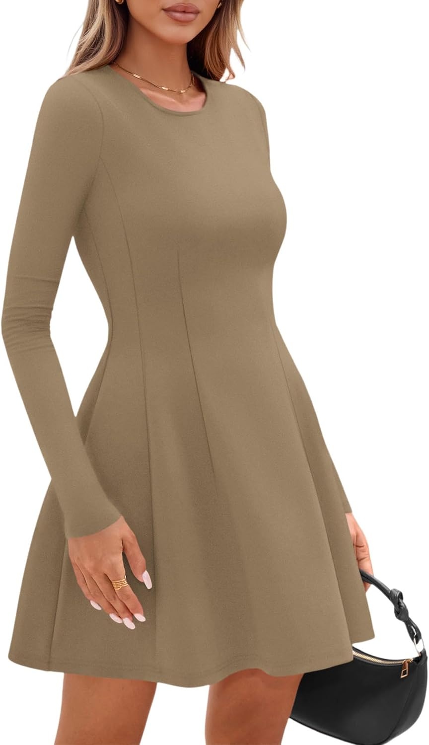 image:imagePRETTYGARDEN Long Sleeve Mini Dress for Women 2026 Spring Crewneck Knit Pleated Babydoll A Line Casual Short Party DressesKhaki