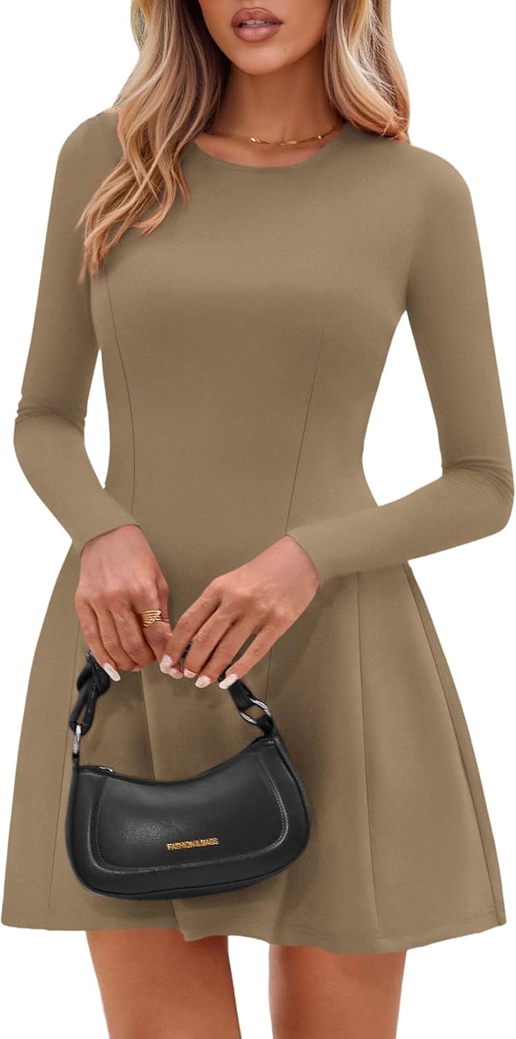 image:imagePRETTYGARDEN Long Sleeve Mini Dress for Women 2026 Spring Crewneck Knit Pleated Babydoll A Line Casual Short Party DressesKhaki