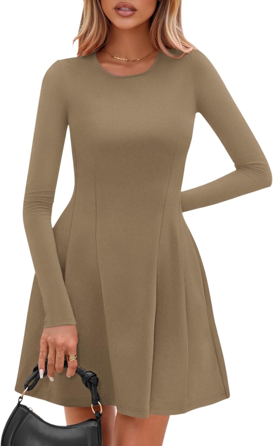 image:imagePRETTYGARDEN Long Sleeve Mini Dress for Women 2026 Spring Crewneck Knit Pleated Babydoll A Line Casual Short Party DressesKhaki