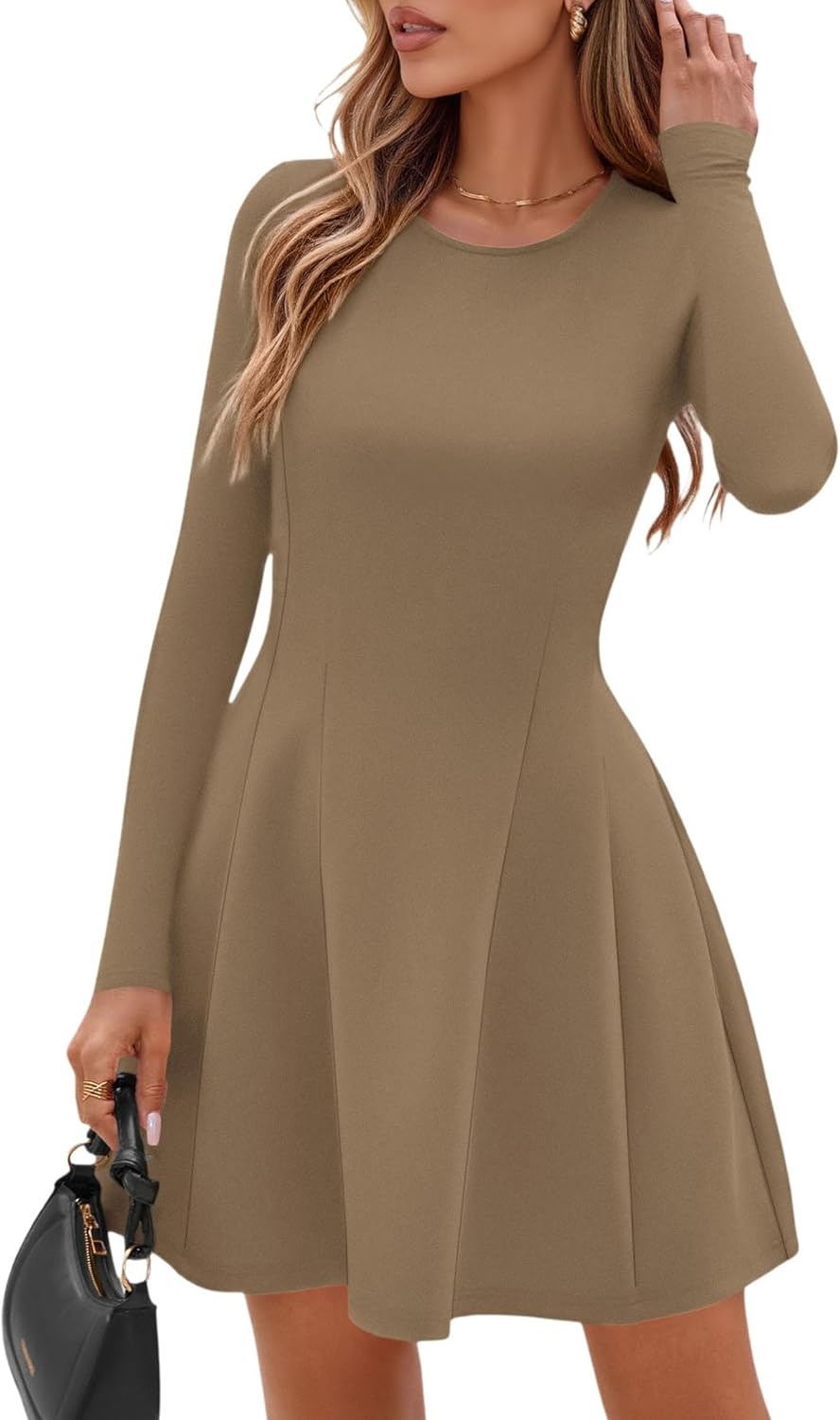image:imagePRETTYGARDEN Long Sleeve Mini Dress for Women 2026 Spring Crewneck Knit Pleated Babydoll A Line Casual Short Party DressesKhaki