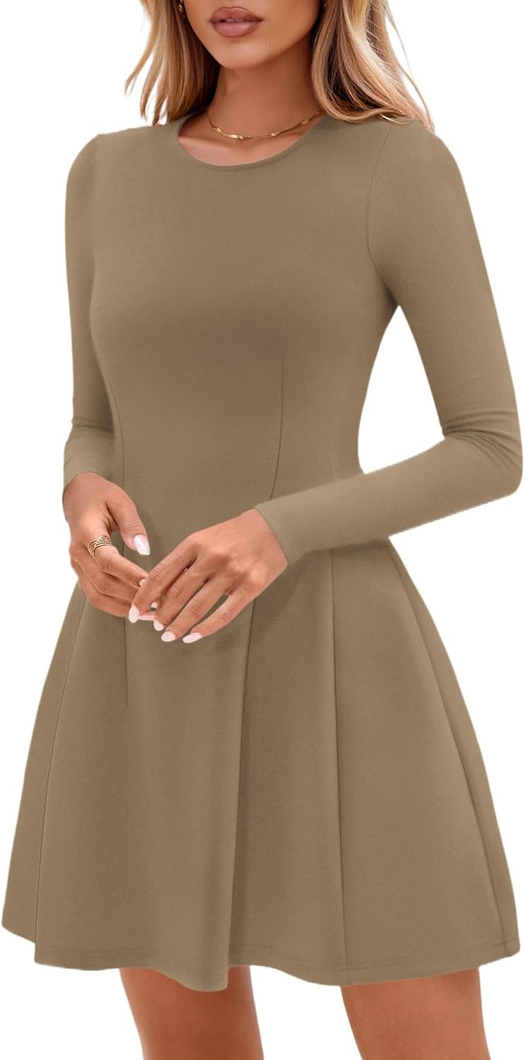 image:imagePRETTYGARDEN Long Sleeve Mini Dress for Women 2026 Spring Crewneck Knit Pleated Babydoll A Line Casual Short Party DressesKhaki