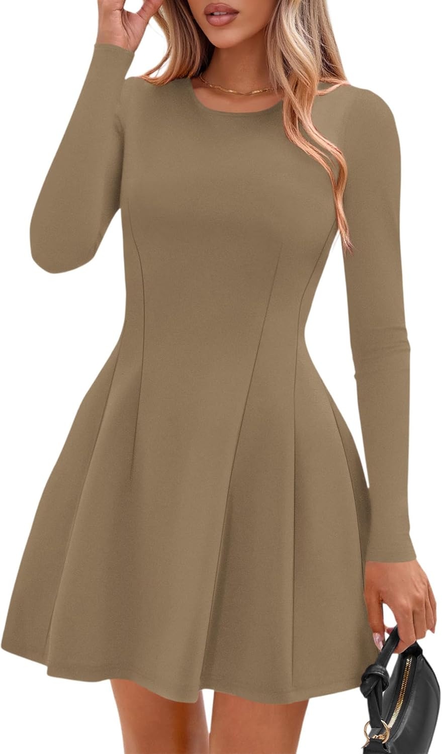 image:imagePRETTYGARDEN Long Sleeve Mini Dress for Women 2026 Spring Crewneck Knit Pleated Babydoll A Line Casual Short Party DressesKhaki
