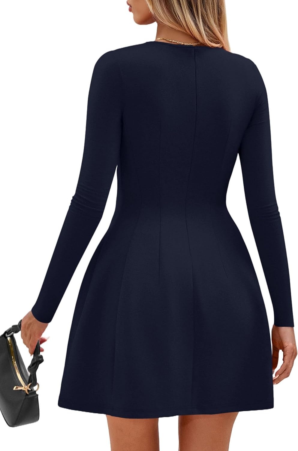image:imagePRETTYGARDEN Long Sleeve Mini Dress for Women 2026 Spring Crewneck Knit Pleated Babydoll A Line Casual Short Party DressesNavy