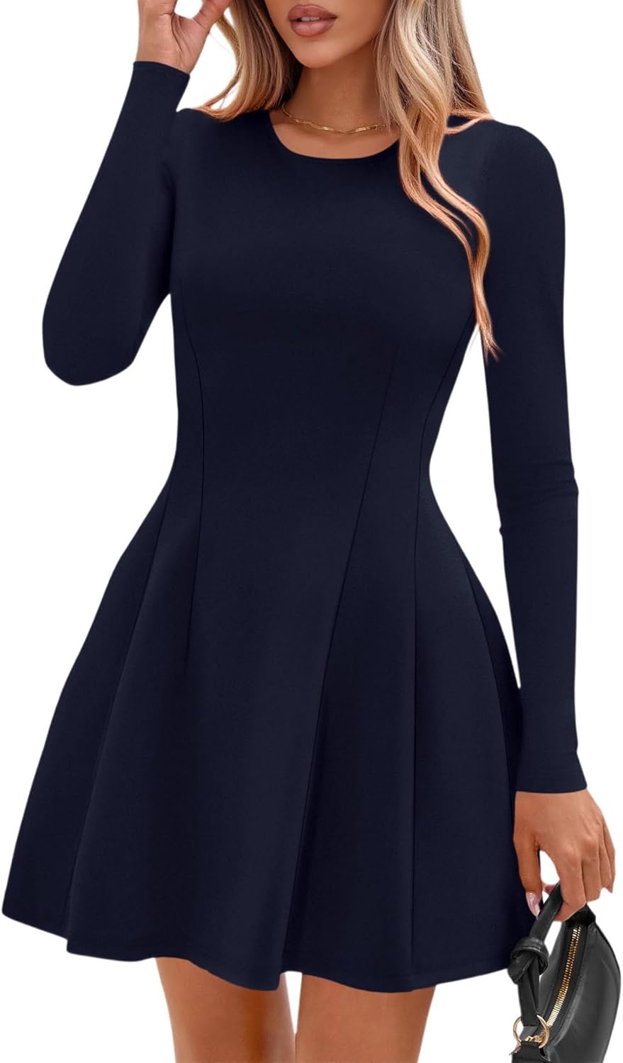 image:imagePRETTYGARDEN Long Sleeve Mini Dress for Women 2026 Spring Crewneck Knit Pleated Babydoll A Line Casual Short Party DressesNavy