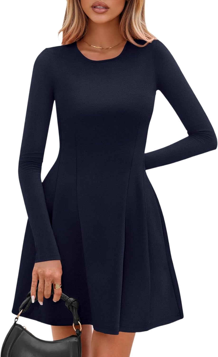 image:imagePRETTYGARDEN Long Sleeve Mini Dress for Women 2026 Spring Crewneck Knit Pleated Babydoll A Line Casual Short Party DressesNavy
