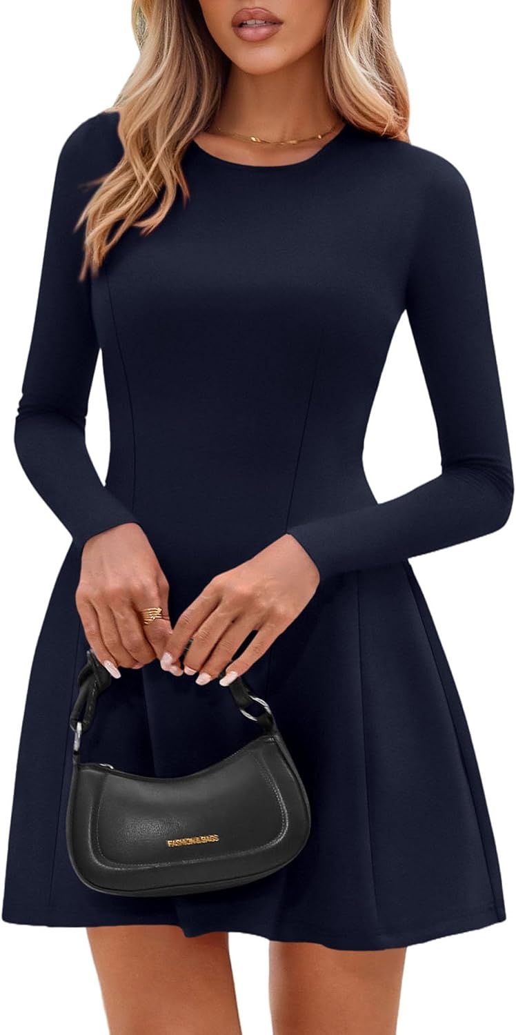 image:imagePRETTYGARDEN Long Sleeve Mini Dress for Women 2026 Spring Crewneck Knit Pleated Babydoll A Line Casual Short Party DressesNavy