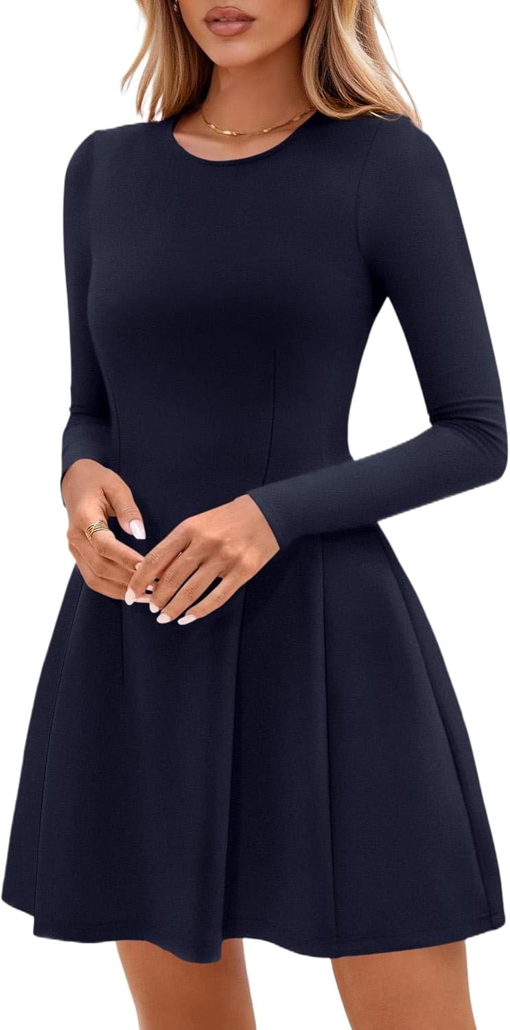 image:imagePRETTYGARDEN Long Sleeve Mini Dress for Women 2026 Spring Crewneck Knit Pleated Babydoll A Line Casual Short Party DressesNavy