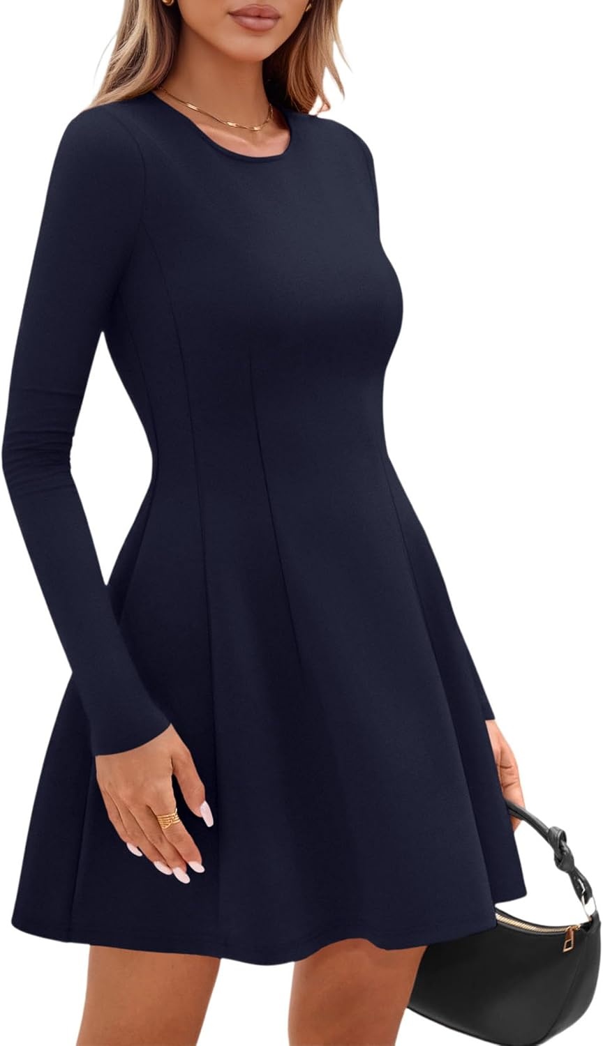 image:imagePRETTYGARDEN Long Sleeve Mini Dress for Women 2026 Spring Crewneck Knit Pleated Babydoll A Line Casual Short Party DressesNavy
