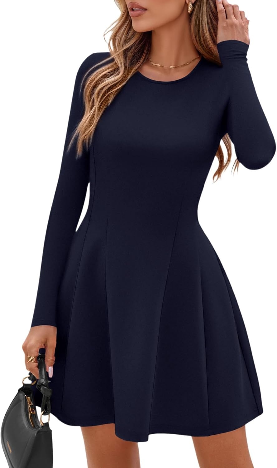 image:imagePRETTYGARDEN Long Sleeve Mini Dress for Women 2026 Spring Crewneck Knit Pleated Babydoll A Line Casual Short Party DressesNavy