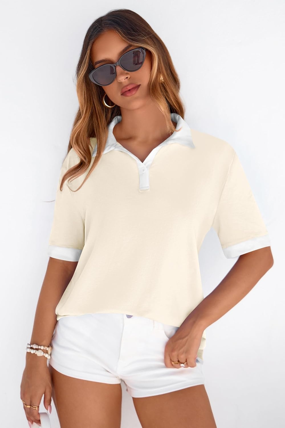 image:imagePRETTYGARDEN Summer Short Sleeve Polo Shirts for Women Collared V Neck Work Dressy Tops Knit Loose Business Casual OutfitsBeige