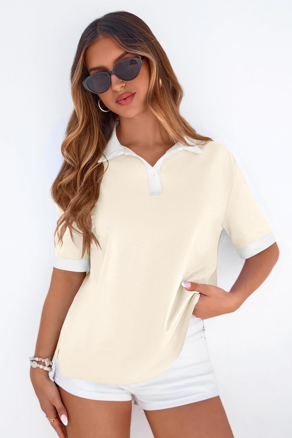 image:imagePRETTYGARDEN Summer Short Sleeve Polo Shirts for Women Collared V Neck Work Dressy Tops Knit Loose Business Casual OutfitsBeige