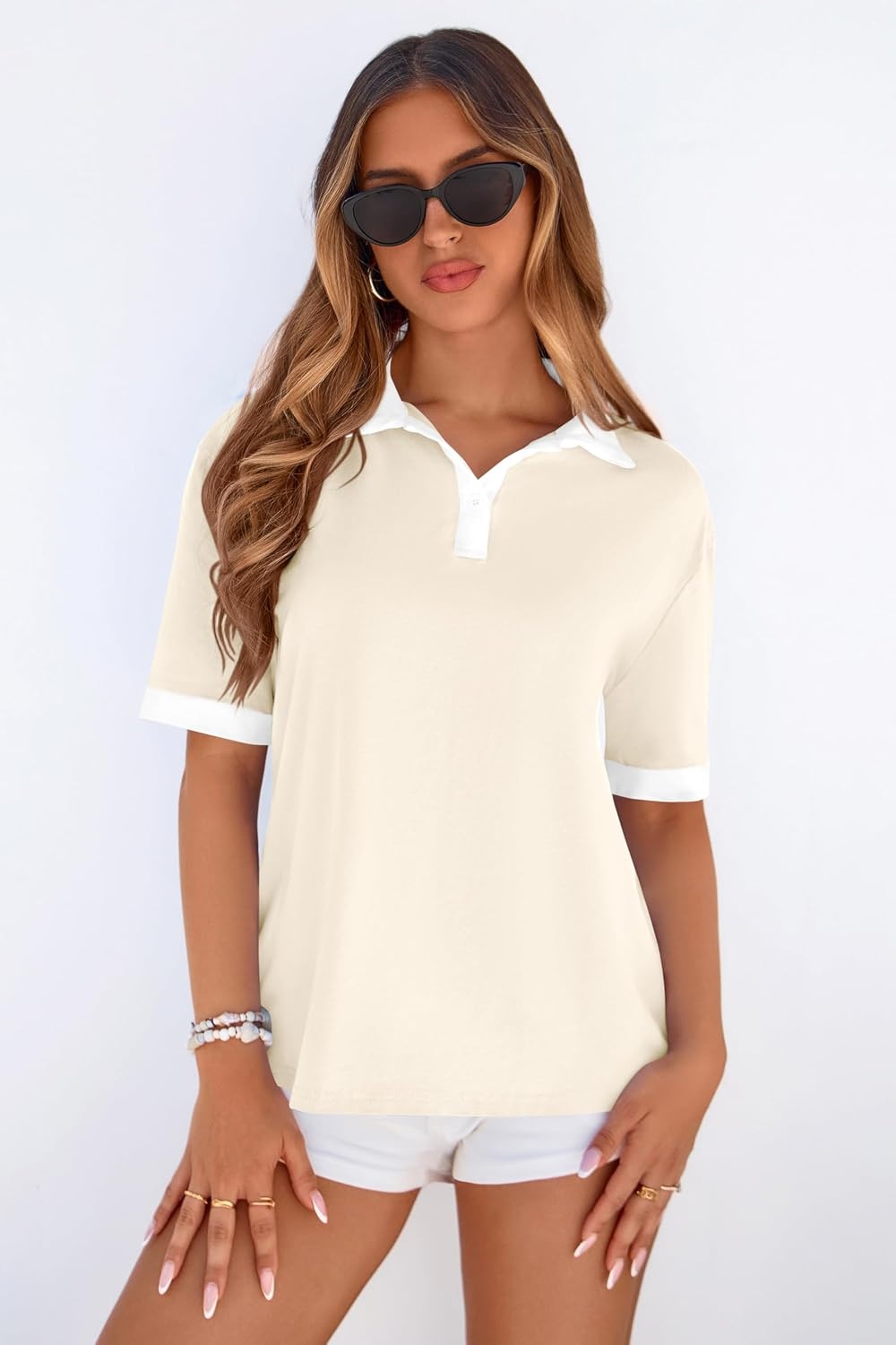 image:imagePRETTYGARDEN Summer Short Sleeve Polo Shirts for Women Collared V Neck Work Dressy Tops Knit Loose Business Casual OutfitsBeige