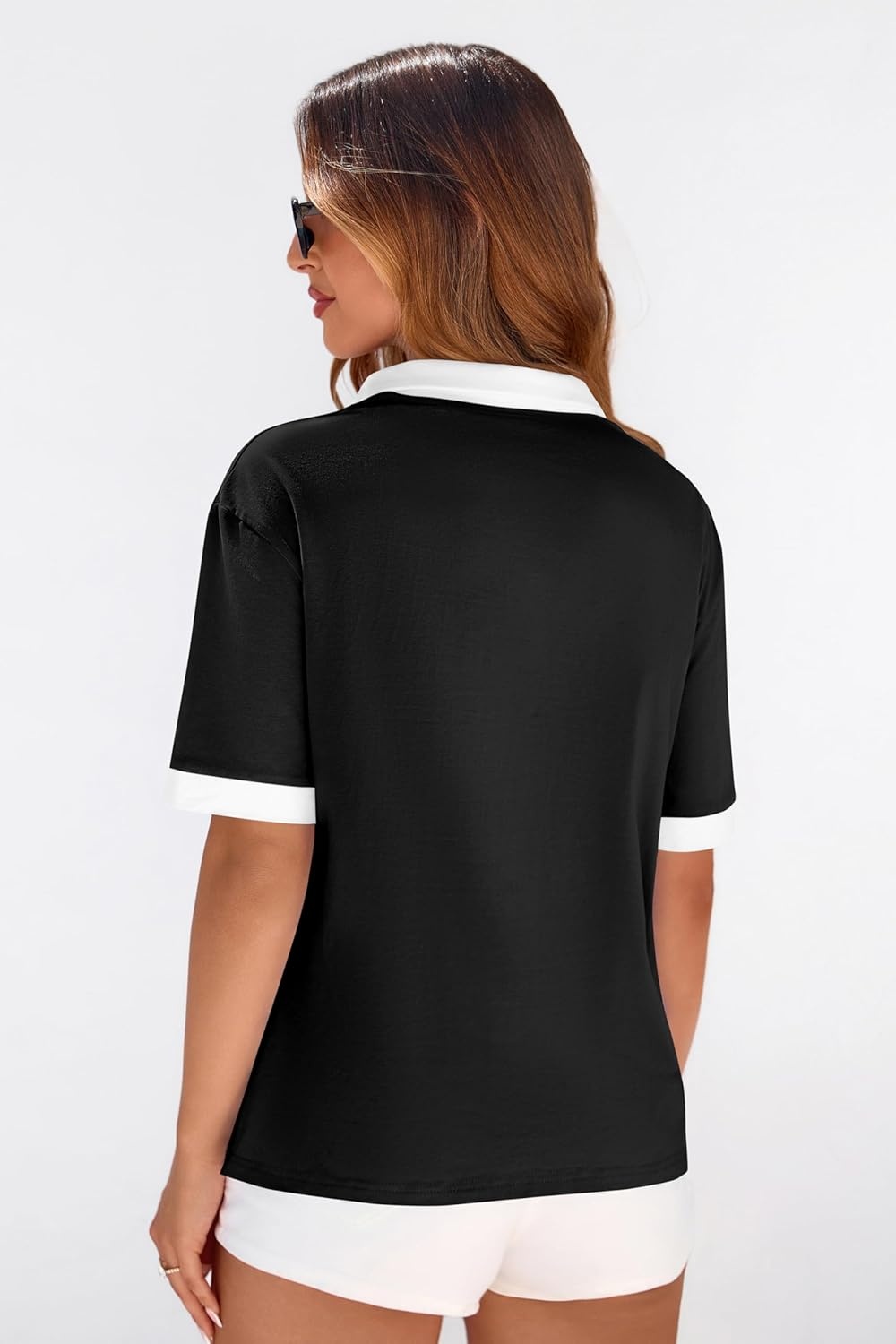 image:imagePRETTYGARDEN Summer Short Sleeve Polo Shirts for Women Collared V Neck Work Dressy Tops Knit Loose Business Casual OutfitsBlack