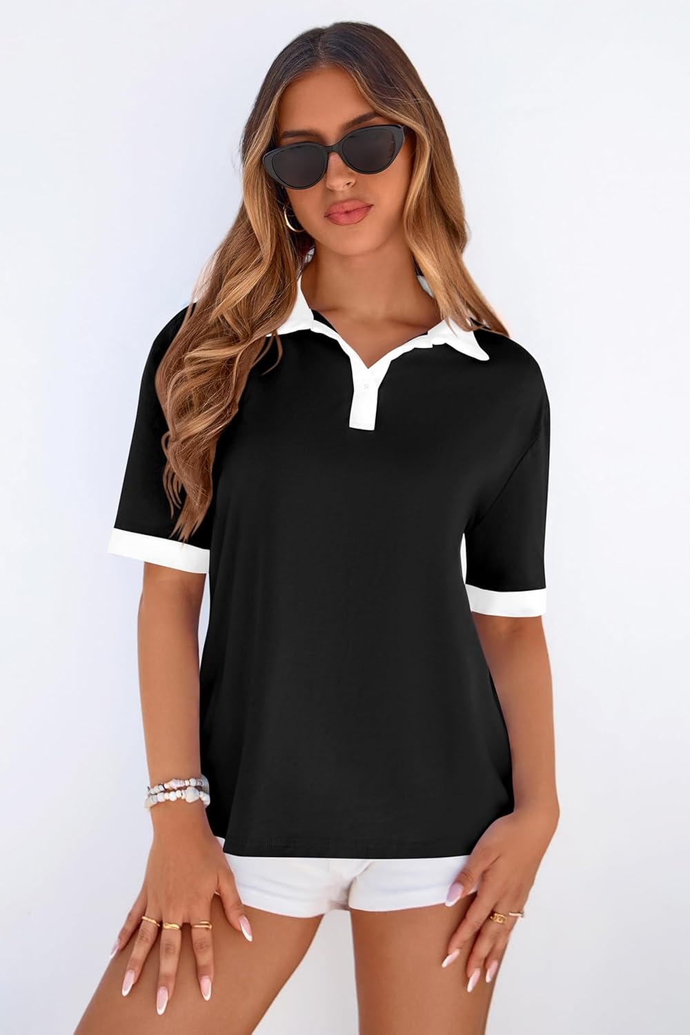 image:imagePRETTYGARDEN Summer Short Sleeve Polo Shirts for Women Collared V Neck Work Dressy Tops Knit Loose Business Casual OutfitsBlack