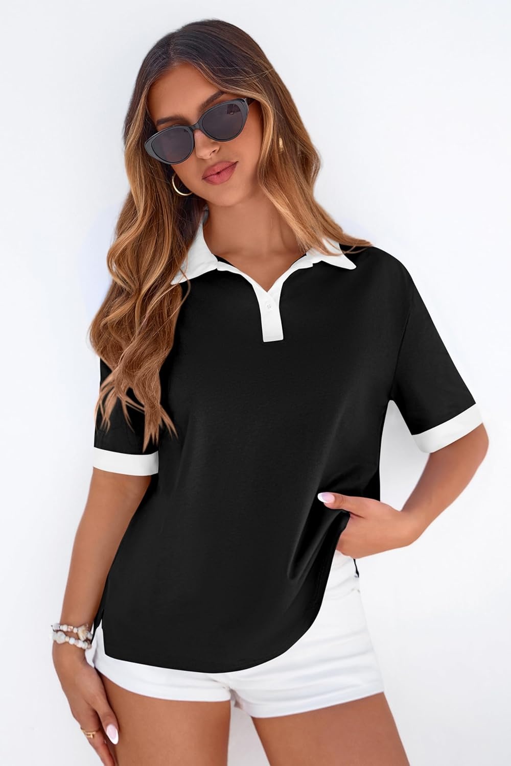 image:imagePRETTYGARDEN Summer Short Sleeve Polo Shirts for Women Collared V Neck Work Dressy Tops Knit Loose Business Casual OutfitsBlack