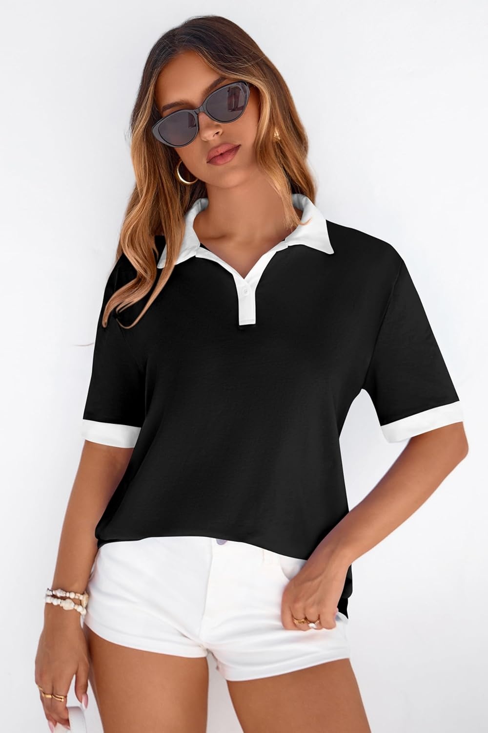 image:imagePRETTYGARDEN Summer Short Sleeve Polo Shirts for Women Collared V Neck Work Dressy Tops Knit Loose Business Casual OutfitsBlack