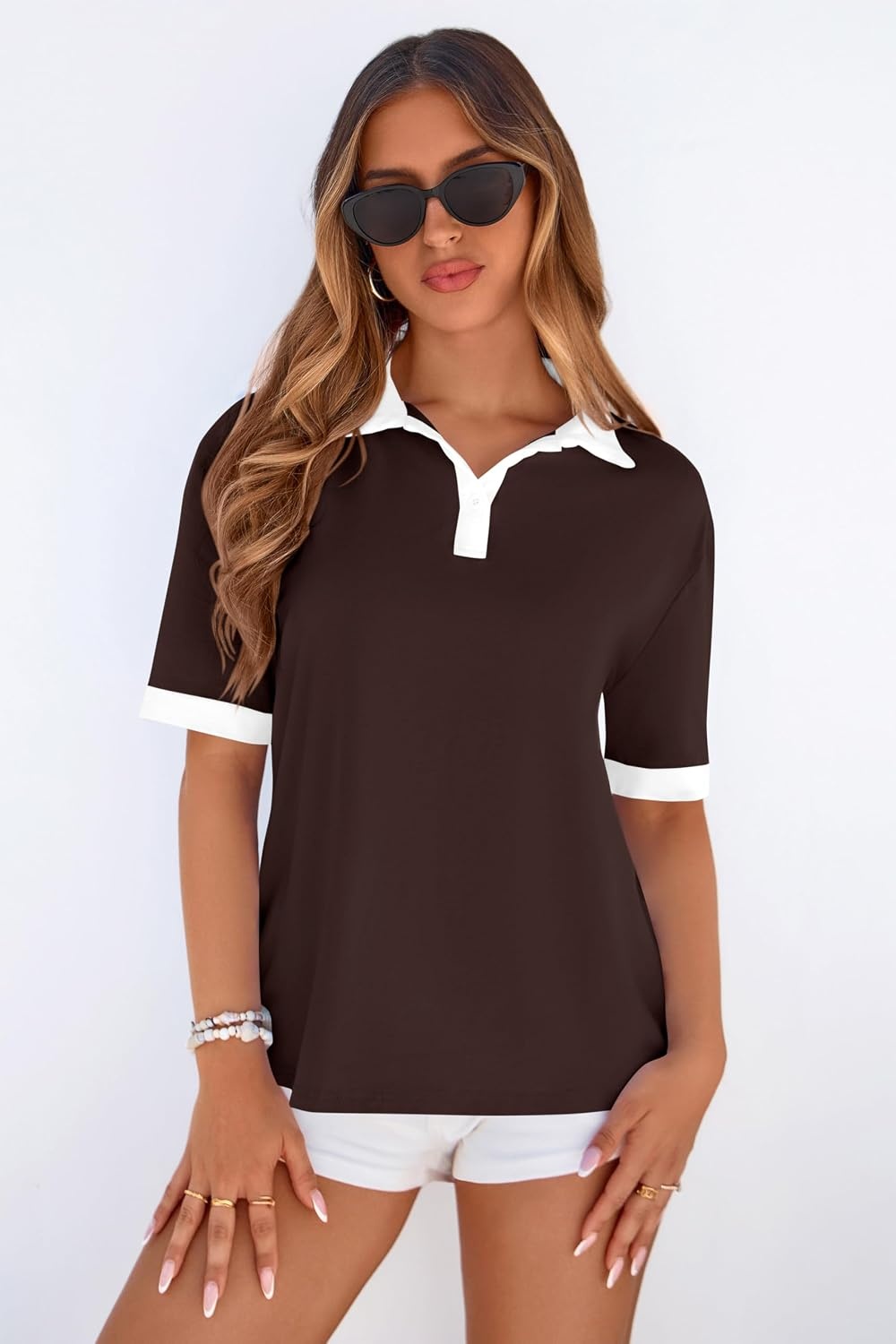 image:imagePRETTYGARDEN Summer Short Sleeve Polo Shirts for Women Collared V Neck Work Dressy Tops Knit Loose Business Casual OutfitsBrown