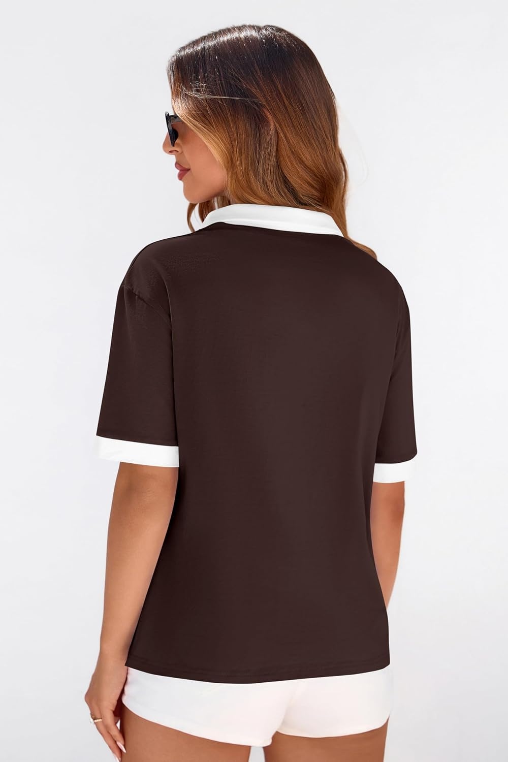 image:imagePRETTYGARDEN Summer Short Sleeve Polo Shirts for Women Collared V Neck Work Dressy Tops Knit Loose Business Casual OutfitsBrown