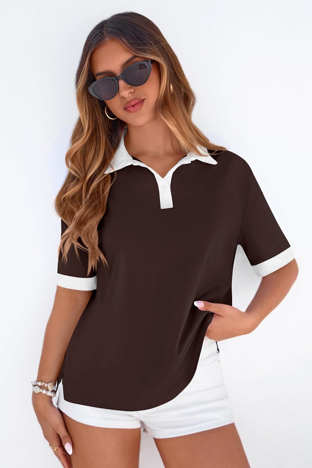 image:imagePRETTYGARDEN Summer Short Sleeve Polo Shirts for Women Collared V Neck Work Dressy Tops Knit Loose Business Casual OutfitsBrown