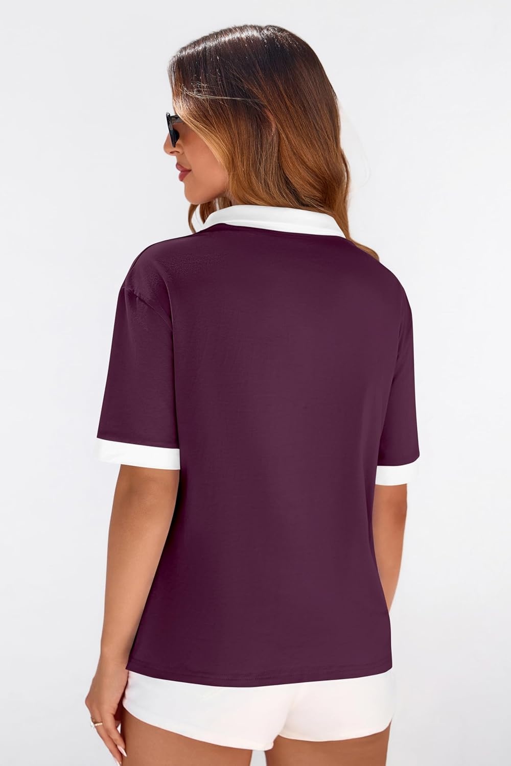 image:imagePRETTYGARDEN Summer Short Sleeve Polo Shirts for Women Collared V Neck Work Dressy Tops Knit Loose Business Casual OutfitsBurgundy
