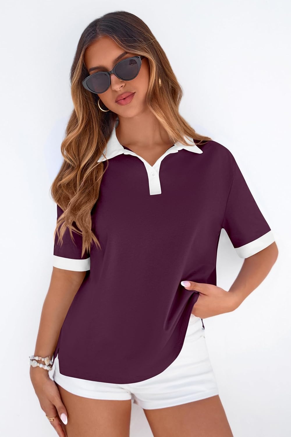 image:imagePRETTYGARDEN Summer Short Sleeve Polo Shirts for Women Collared V Neck Work Dressy Tops Knit Loose Business Casual OutfitsBurgundy