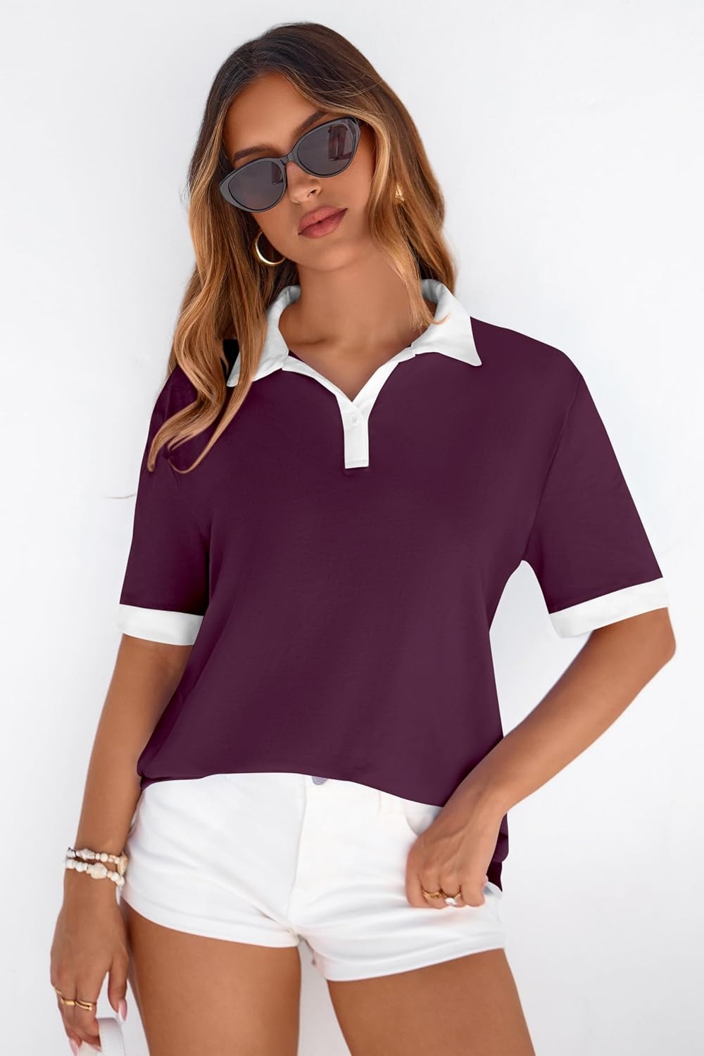 image:imagePRETTYGARDEN Summer Short Sleeve Polo Shirts for Women Collared V Neck Work Dressy Tops Knit Loose Business Casual OutfitsBurgundy