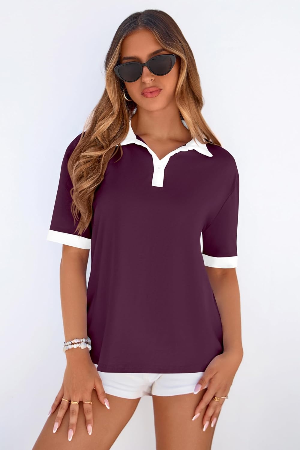 image:imagePRETTYGARDEN Summer Short Sleeve Polo Shirts for Women Collared V Neck Work Dressy Tops Knit Loose Business Casual OutfitsBurgundy