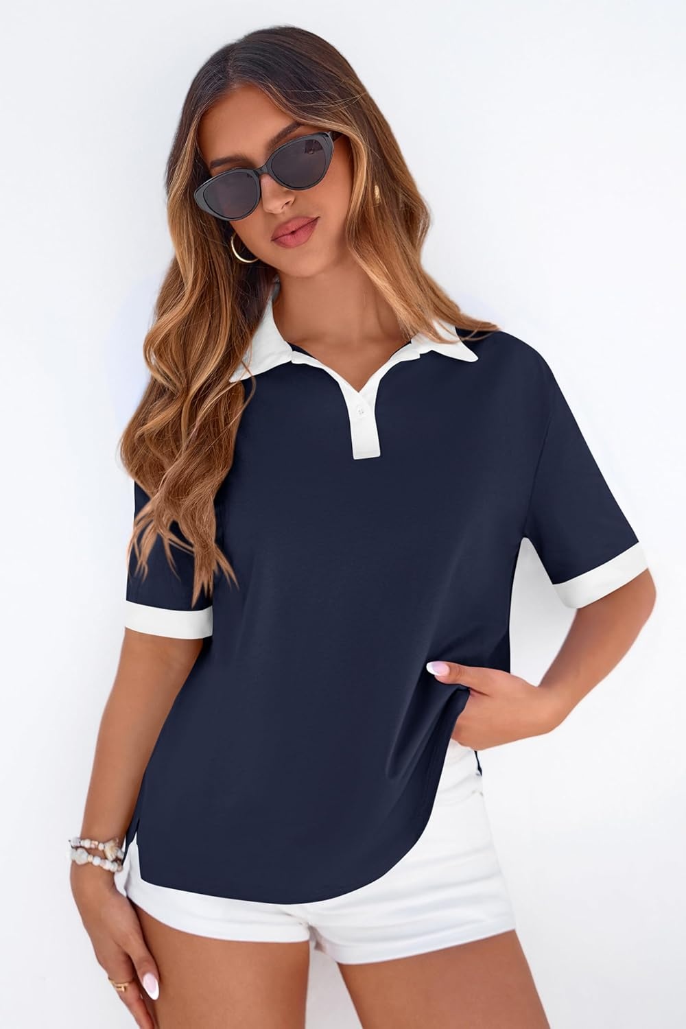image:imagePRETTYGARDEN Summer Short Sleeve Polo Shirts for Women Collared V Neck Work Dressy Tops Knit Loose Business Casual OutfitsNavy