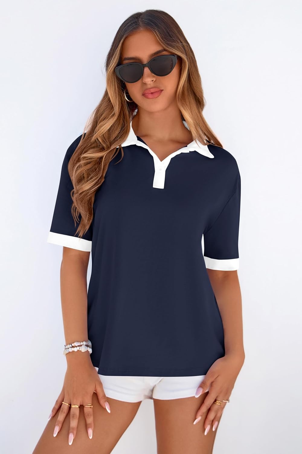 image:imagePRETTYGARDEN Summer Short Sleeve Polo Shirts for Women Collared V Neck Work Dressy Tops Knit Loose Business Casual OutfitsNavy