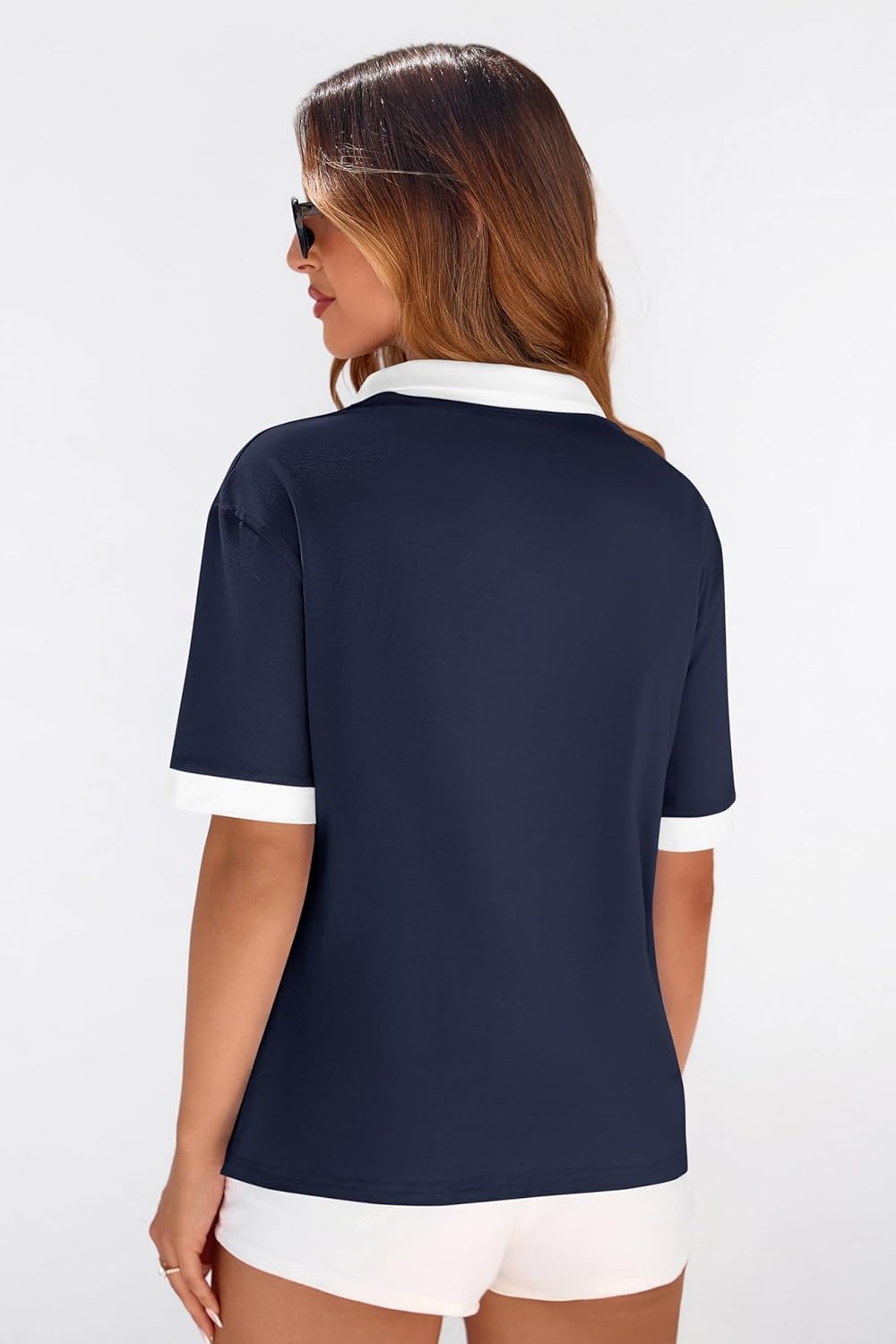 image:imagePRETTYGARDEN Summer Short Sleeve Polo Shirts for Women Collared V Neck Work Dressy Tops Knit Loose Business Casual OutfitsNavy