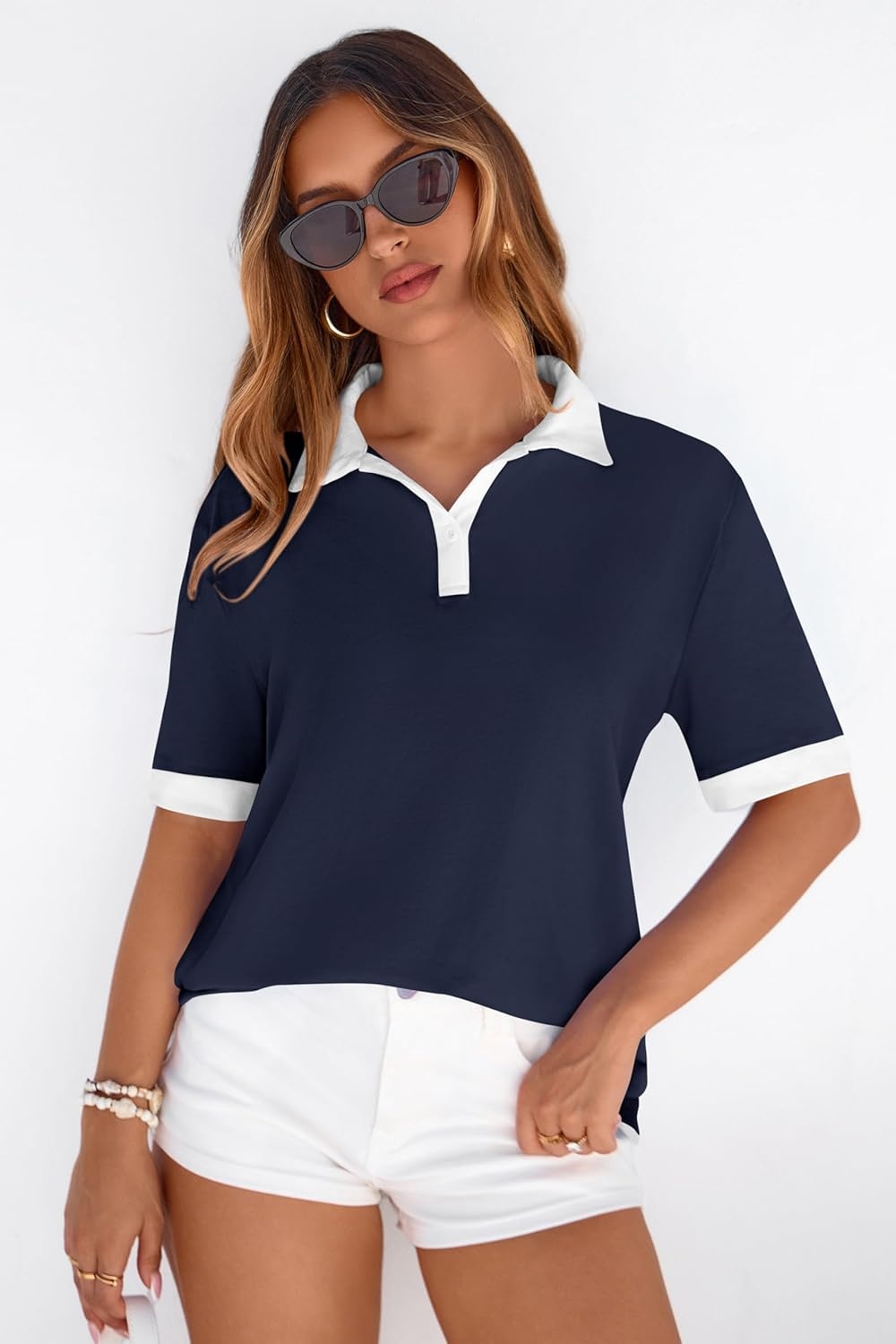 image:imagePRETTYGARDEN Summer Short Sleeve Polo Shirts for Women Collared V Neck Work Dressy Tops Knit Loose Business Casual OutfitsNavy