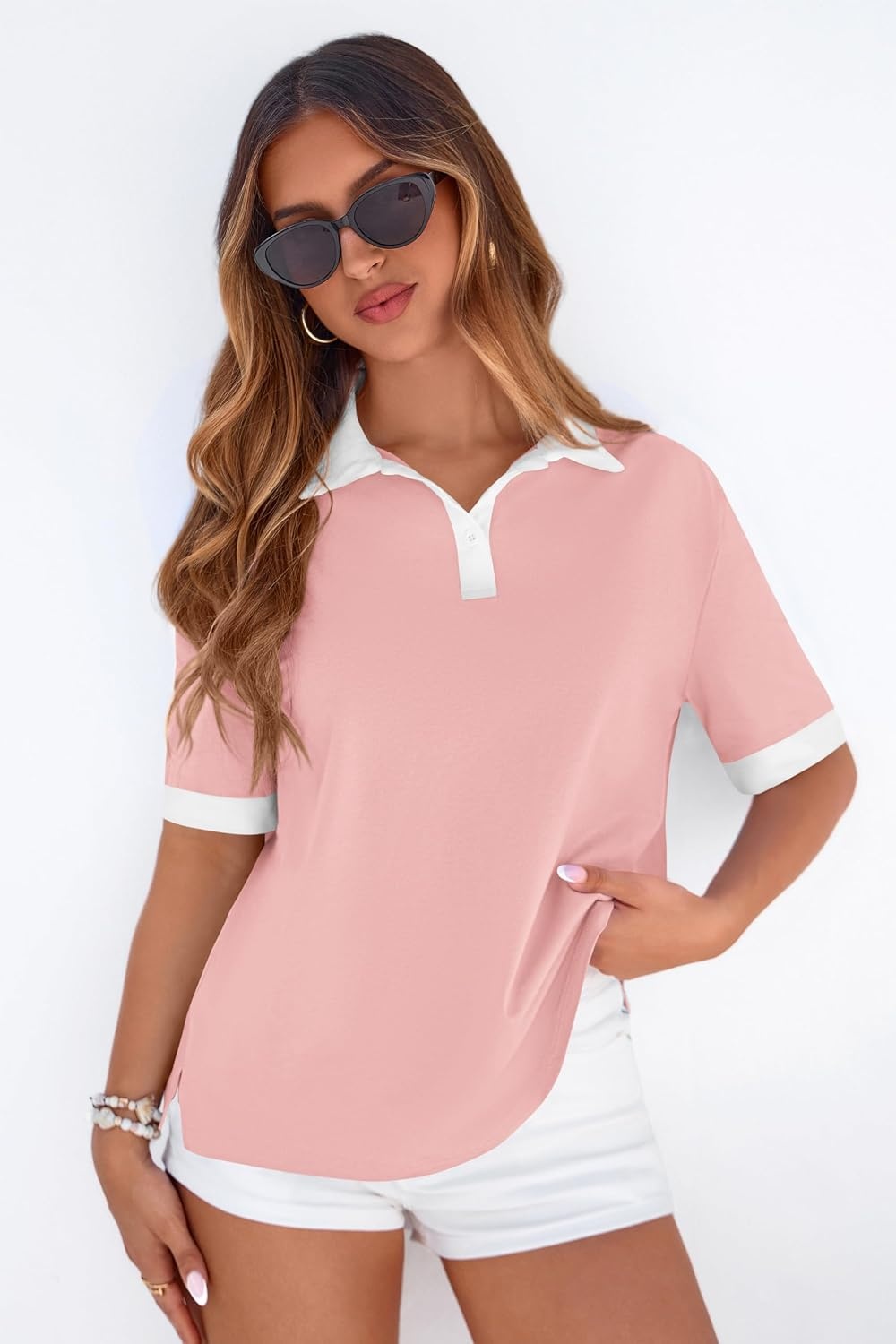 image:imagePRETTYGARDEN Summer Short Sleeve Polo Shirts for Women Collared V Neck Work Dressy Tops Knit Loose Business Casual OutfitsPink