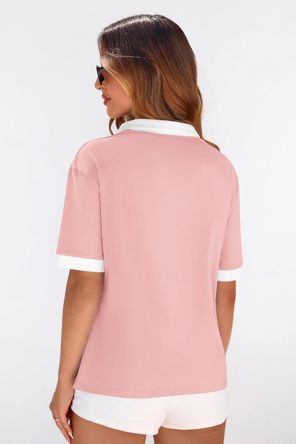 image:imagePRETTYGARDEN Summer Short Sleeve Polo Shirts for Women Collared V Neck Work Dressy Tops Knit Loose Business Casual OutfitsPink