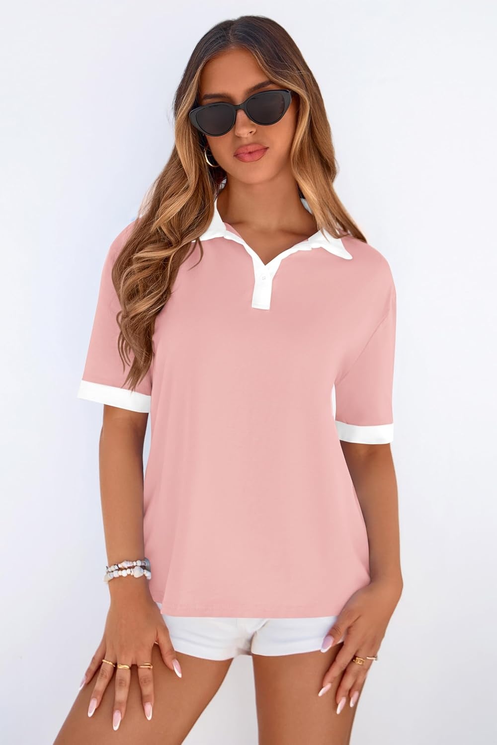 image:imagePRETTYGARDEN Summer Short Sleeve Polo Shirts for Women Collared V Neck Work Dressy Tops Knit Loose Business Casual OutfitsPink