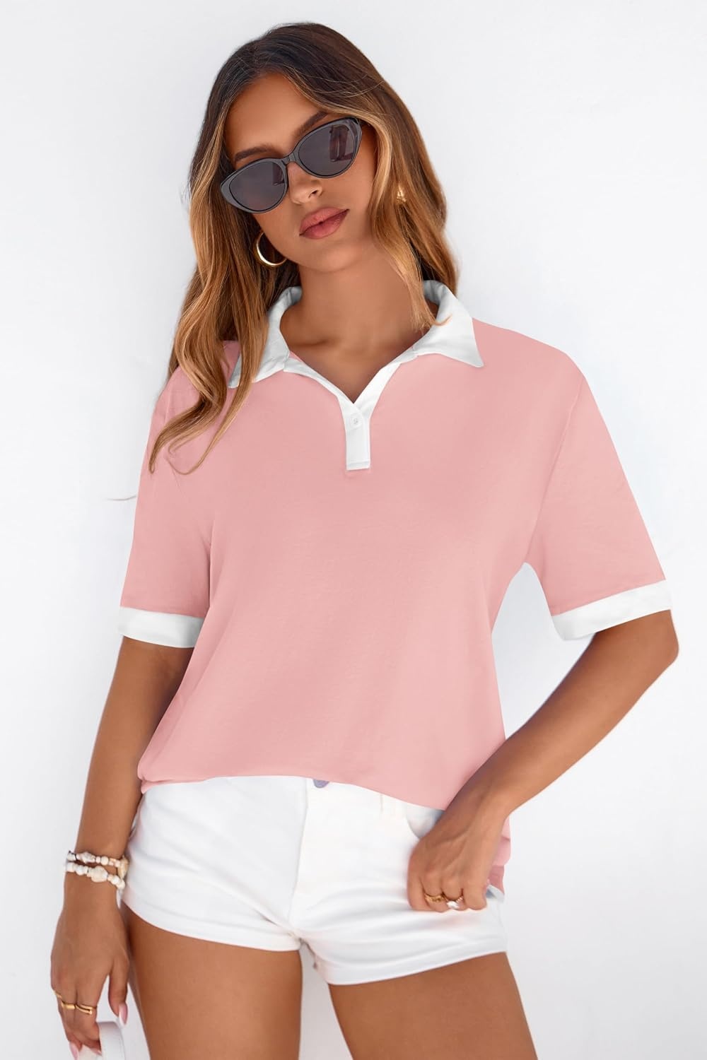 image:imagePRETTYGARDEN Summer Short Sleeve Polo Shirts for Women Collared V Neck Work Dressy Tops Knit Loose Business Casual OutfitsPink
