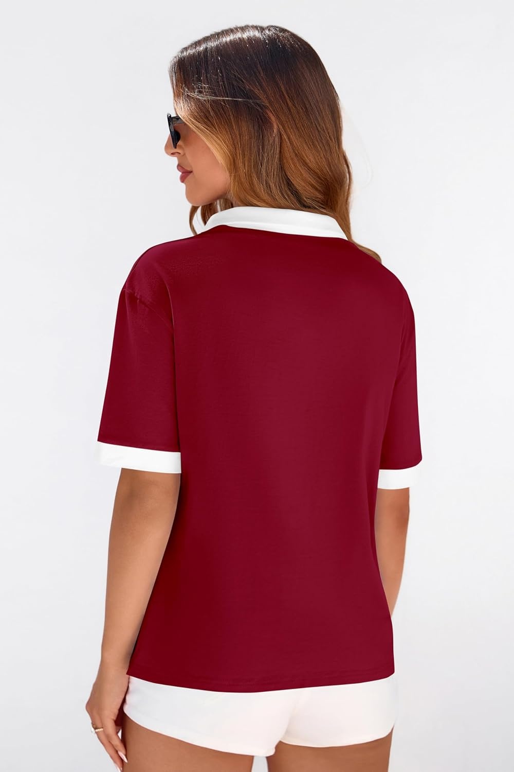 image:imagePRETTYGARDEN Summer Short Sleeve Polo Shirts for Women Collared V Neck Work Dressy Tops Knit Loose Business Casual OutfitsRed