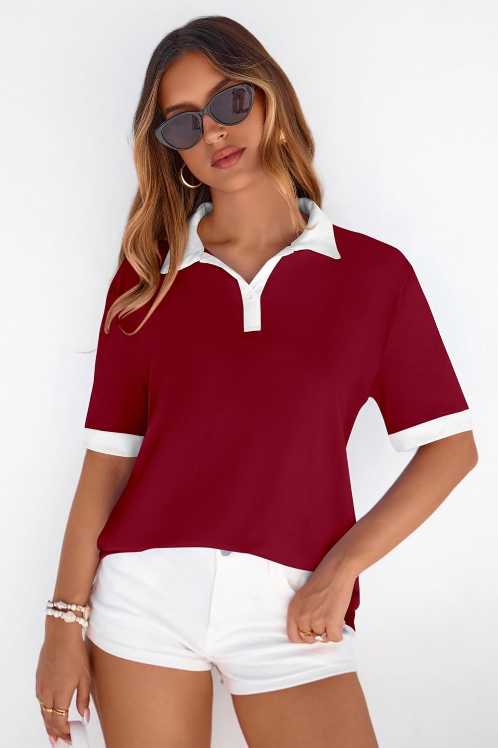 image:imagePRETTYGARDEN Summer Short Sleeve Polo Shirts for Women Collared V Neck Work Dressy Tops Knit Loose Business Casual OutfitsRed