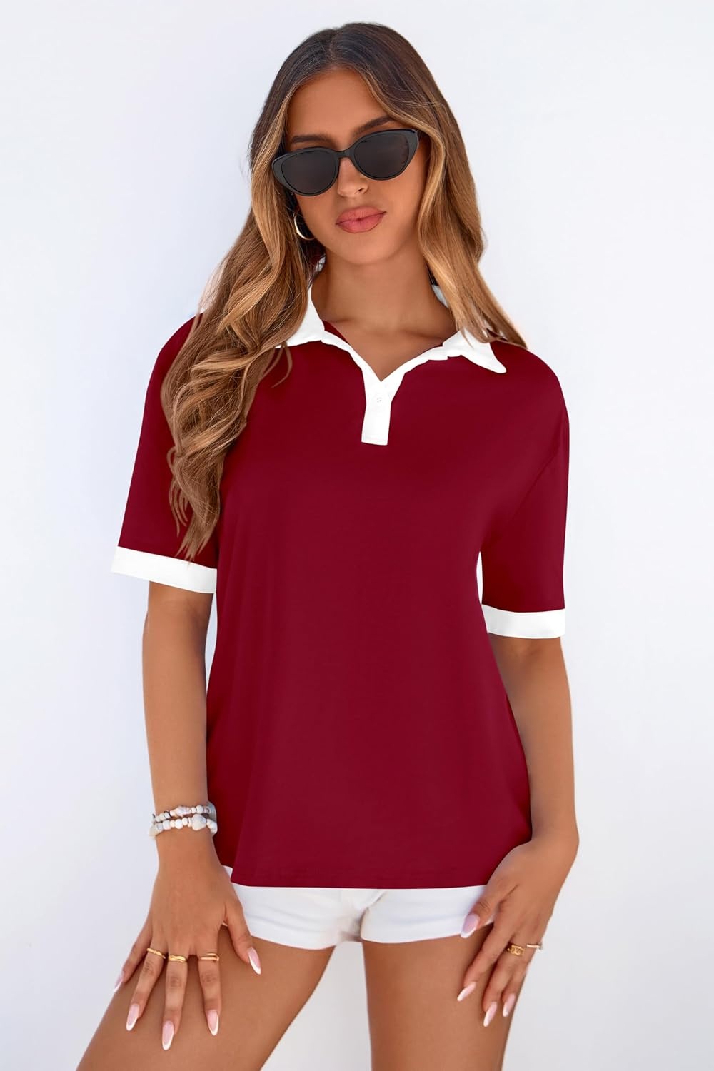 image:imagePRETTYGARDEN Summer Short Sleeve Polo Shirts for Women Collared V Neck Work Dressy Tops Knit Loose Business Casual OutfitsRed