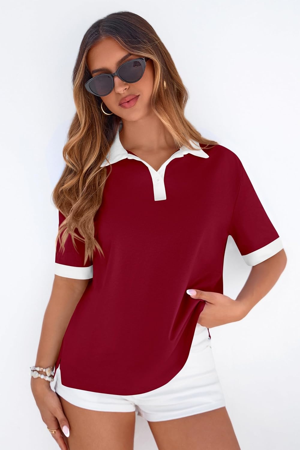 image:imagePRETTYGARDEN Summer Short Sleeve Polo Shirts for Women Collared V Neck Work Dressy Tops Knit Loose Business Casual OutfitsRed